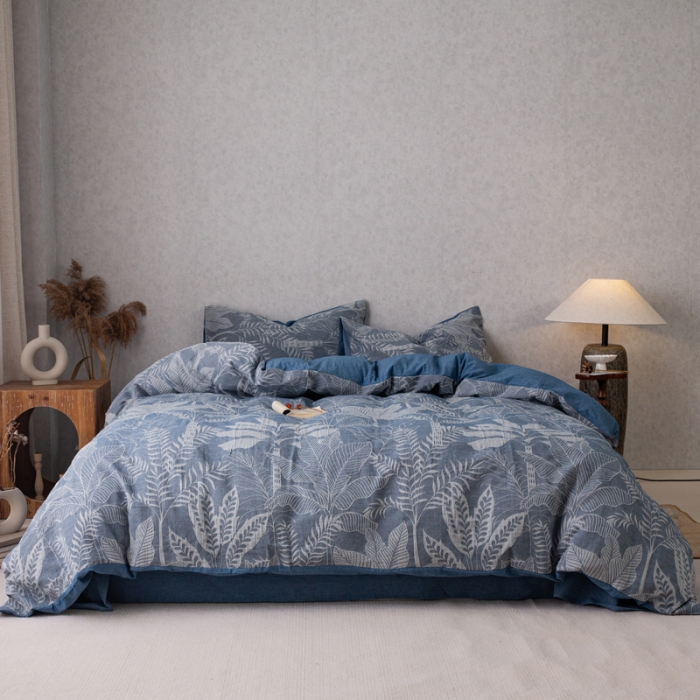 91家纺网 家纺一手货源 找家纺 安莱生活 2023新款水洗棉双层纱四件套-绿野仙踪 绿野仙踪-深蓝