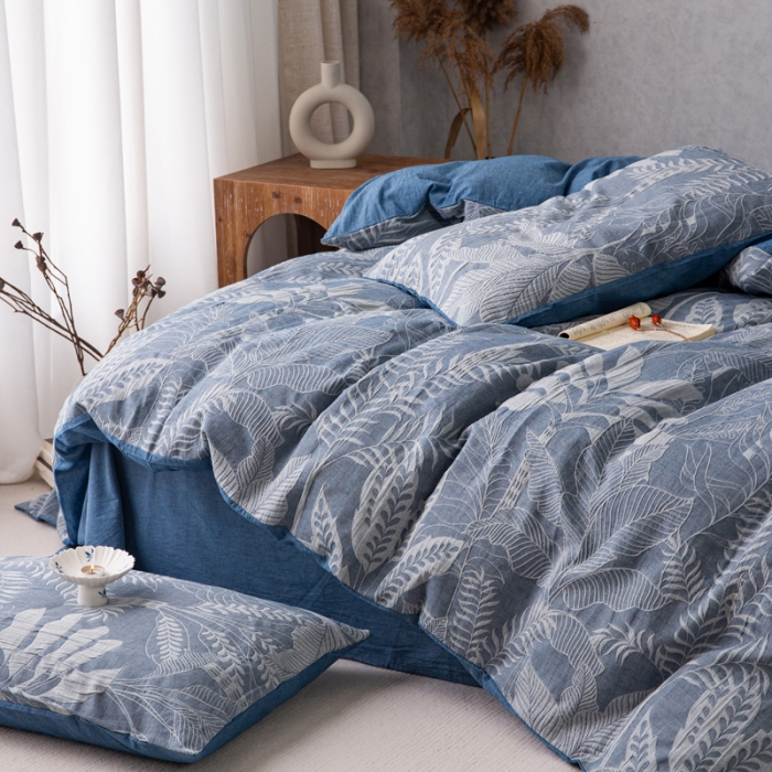 91家纺网 家纺一手货源 找家纺 安莱生活 2023新款水洗棉双层纱四件套-绿野仙踪 绿野仙踪-深蓝