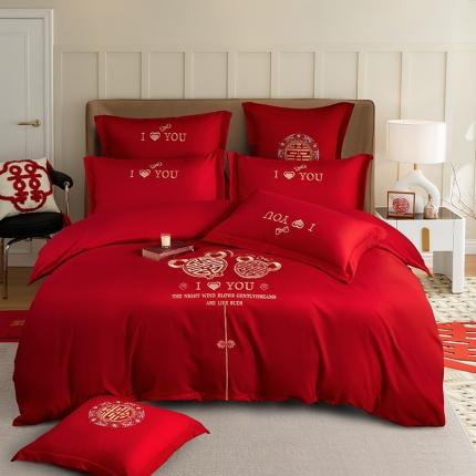 91家纺网 家纺一手货源 找家纺 玉雅家纺 2025新款亲肤刺绣婚庆四件套 心中有你