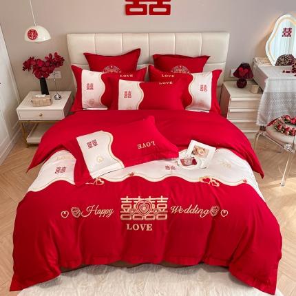 91家纺网 家纺一手货源 找家纺 玉雅家纺 2025新款亲肤刺绣婚庆四件套 love