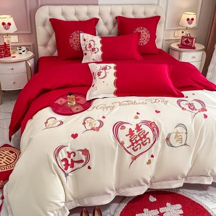 91家纺网 家纺一手货源 找家纺 玉雅家纺 2025新款亲肤刺绣婚庆四件套 欢喜