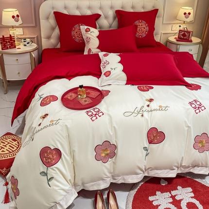 91家纺网 家纺一手货源 找家纺 玉雅家纺 2025新款亲肤刺绣婚庆四件套 喜盈盈