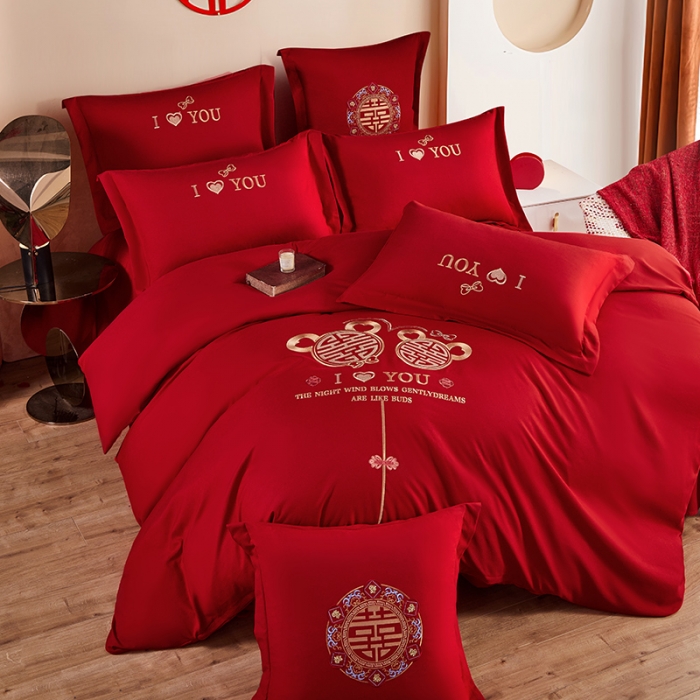 91家纺网 家纺一手货源 找家纺 玉雅家纺 2025新款亲肤刺绣婚庆四件套 心中有你