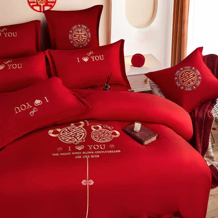 91家纺网 家纺一手货源 找家纺 玉雅家纺 2025新款亲肤刺绣婚庆四件套 心中有你