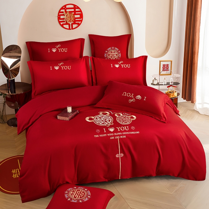 91家纺网 家纺一手货源 找家纺 玉雅家纺 2025新款亲肤刺绣婚庆四件套 心中有你