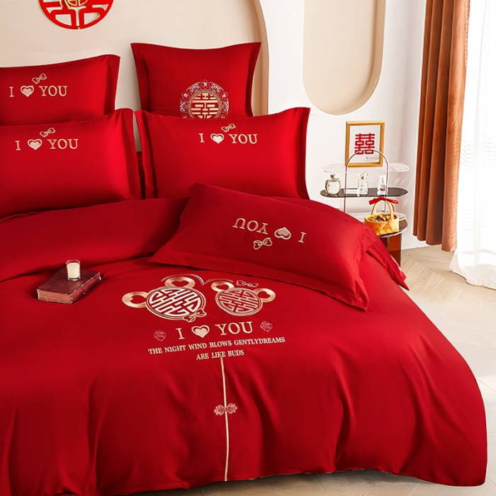 91家纺网 家纺一手货源 找家纺 玉雅家纺 2025新款亲肤刺绣婚庆四件套 心中有你