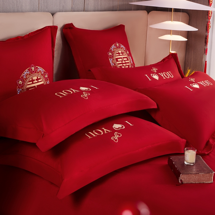 91家纺网 家纺一手货源 找家纺 玉雅家纺 2025新款亲肤刺绣婚庆四件套 心中有你