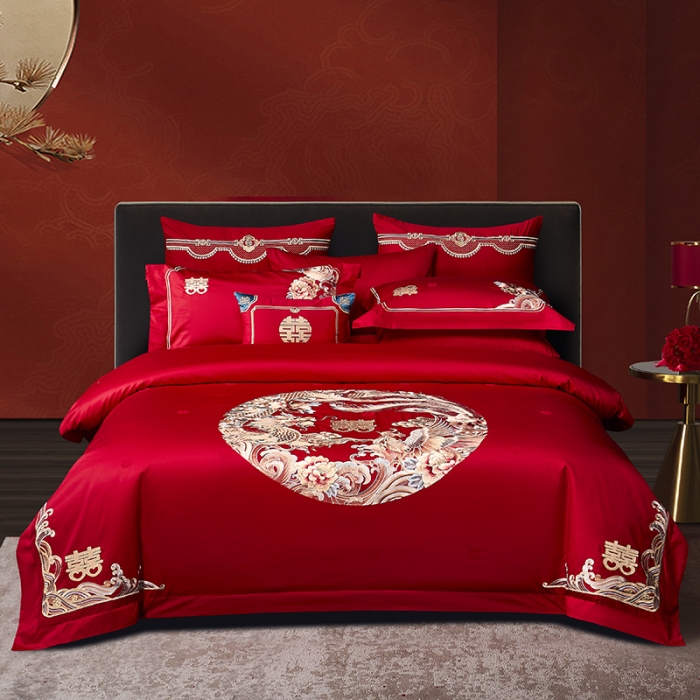 91家纺网 家纺一手货源 找家纺 高大尚 2023新款长绒棉提花四件套龙凤喜事