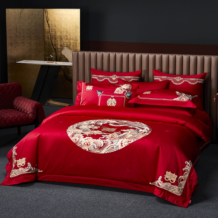 91家纺网 家纺一手货源 找家纺 高大尚 2023新款长绒棉提花四件套龙凤喜事