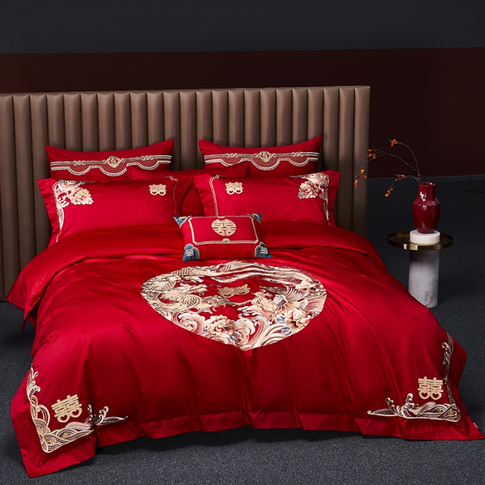 91家纺网 家纺一手货源 找家纺 高大尚 2023新款长绒棉提花四件套龙凤喜事