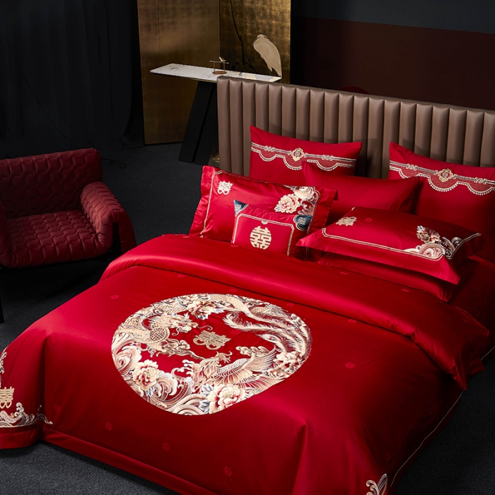 91家纺网 家纺一手货源 找家纺 高大尚 2023新款长绒棉提花四件套龙凤喜事