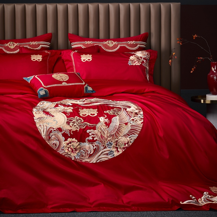 91家纺网 家纺一手货源 找家纺 高大尚 2023新款长绒棉提花四件套龙凤喜事