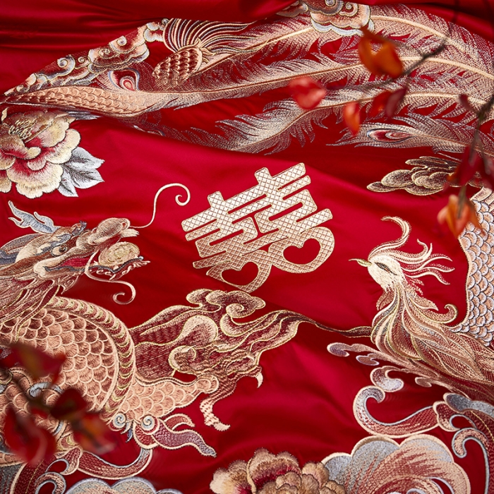 91家纺网 家纺一手货源 找家纺 高大尚 2023新款长绒棉提花四件套龙凤喜事