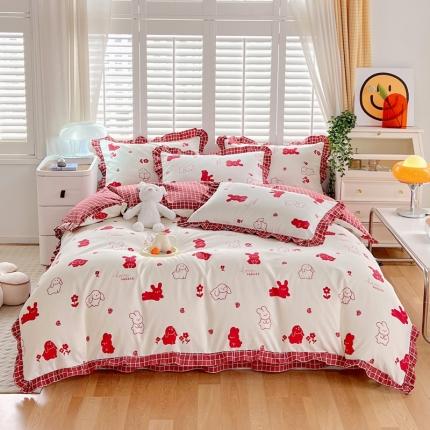 上尚居 2024新款小清新韩版花边磨毛四件套水洗棉 红小兔