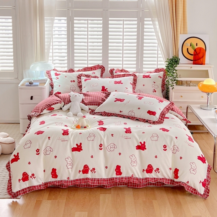 91家纺网 家纺一手货源 找家纺 上尚居 2024新款小清新韩版花边磨毛四件套水洗棉 红小兔