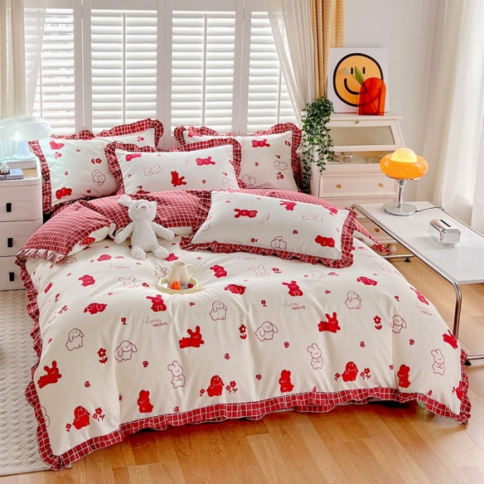 91家纺网 家纺一手货源 找家纺 上尚居 2024新款小清新韩版花边磨毛四件套水洗棉 红小兔