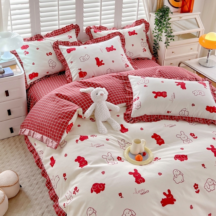 91家纺网 家纺一手货源 找家纺 上尚居 2024新款小清新韩版花边磨毛四件套水洗棉 红小兔