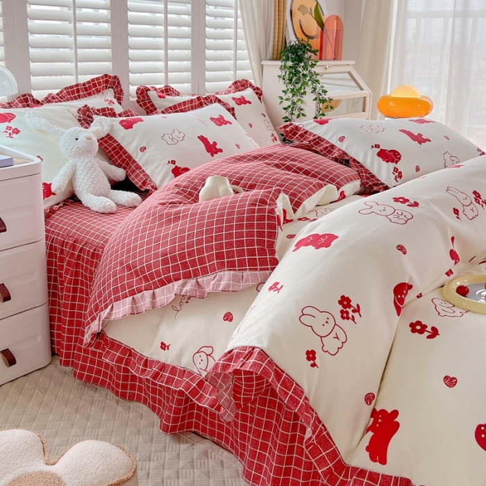 91家纺网 家纺一手货源 找家纺 上尚居 2024新款小清新韩版花边磨毛四件套水洗棉 红小兔