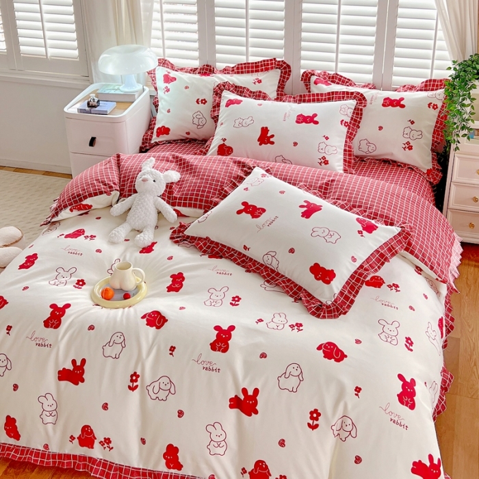 91家纺网 家纺一手货源 找家纺 上尚居 2024新款小清新韩版花边磨毛四件套水洗棉 红小兔