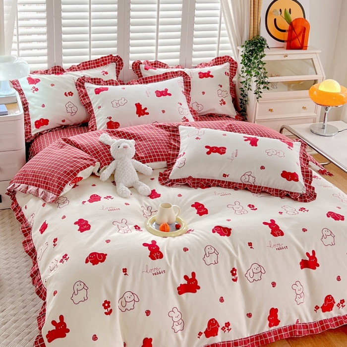 91家纺网 家纺一手货源 找家纺 上尚居 2024新款小清新韩版花边磨毛四件套水洗棉 红小兔