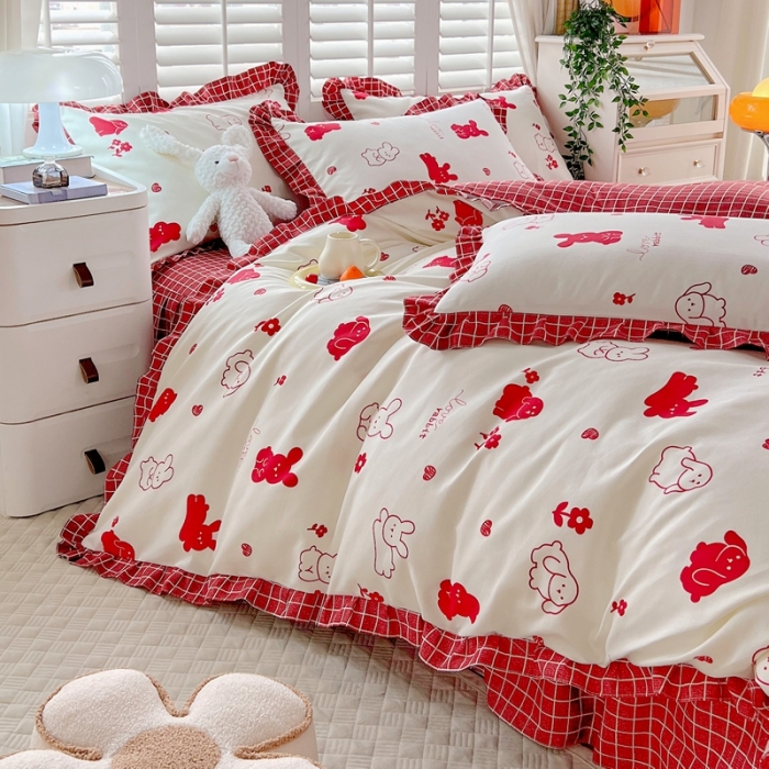 91家纺网 家纺一手货源 找家纺 上尚居 2024新款小清新韩版花边磨毛四件套水洗棉 红小兔