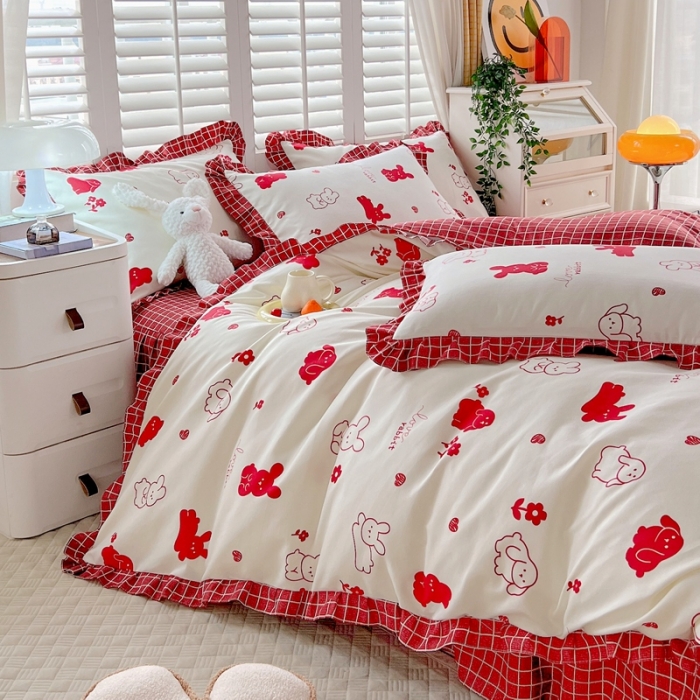 91家纺网 家纺一手货源 找家纺 上尚居 2024新款小清新韩版花边磨毛四件套水洗棉 红小兔