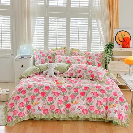 91家纺网 家纺一手货源 找家纺 上尚居 2024新款小清新韩版花边磨毛四件套水洗棉 花颜