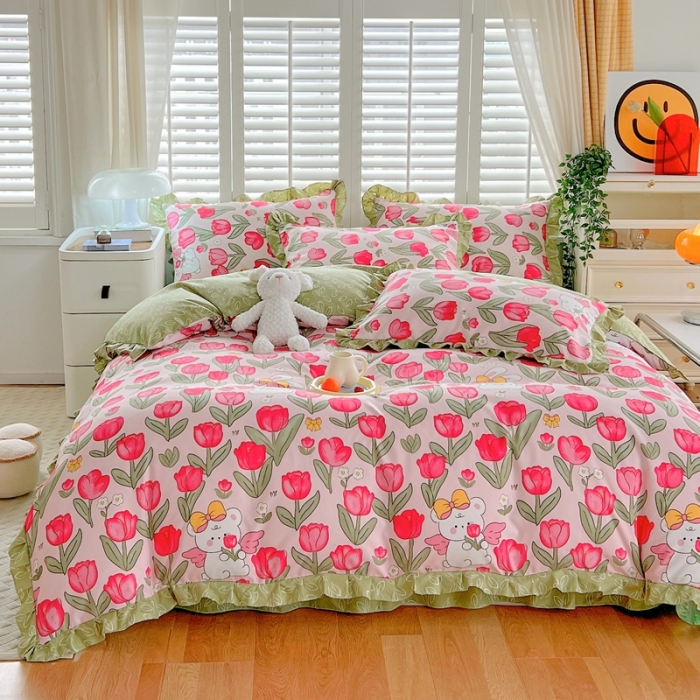 91家纺网 家纺一手货源 找家纺 上尚居 2024新款小清新韩版花边磨毛四件套水洗棉 花颜