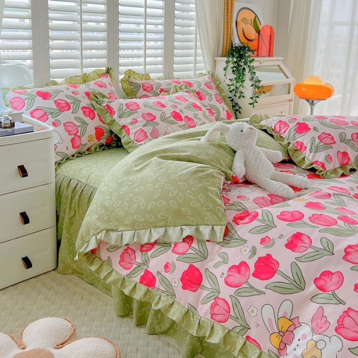 91家纺网 家纺一手货源 找家纺 上尚居 2024新款小清新韩版花边磨毛四件套水洗棉 花颜