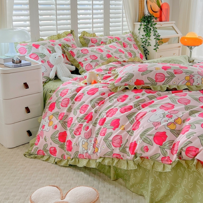 91家纺网 家纺一手货源 找家纺 上尚居 2024新款小清新韩版花边磨毛四件套水洗棉 花颜