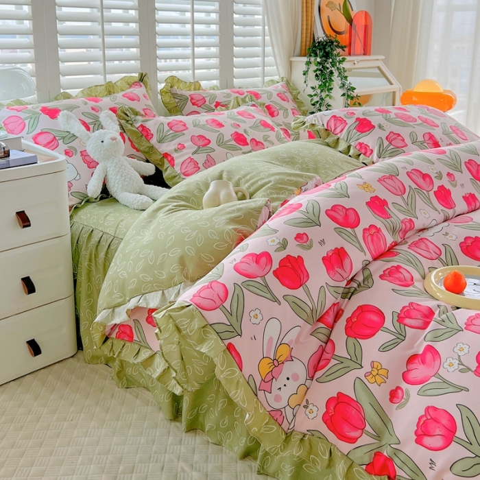 91家纺网 家纺一手货源 找家纺 上尚居 2024新款小清新韩版花边磨毛四件套水洗棉 花颜