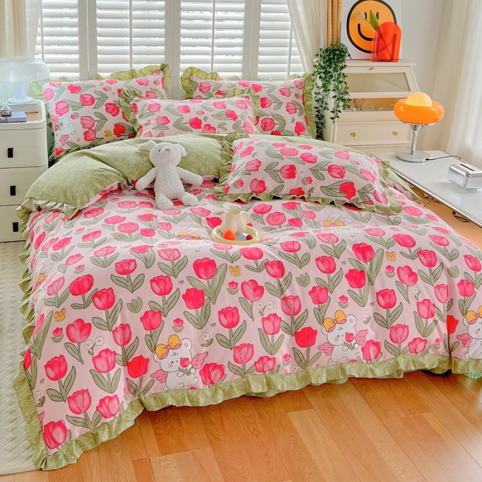 91家纺网 家纺一手货源 找家纺 上尚居 2024新款小清新韩版花边磨毛四件套水洗棉 花颜