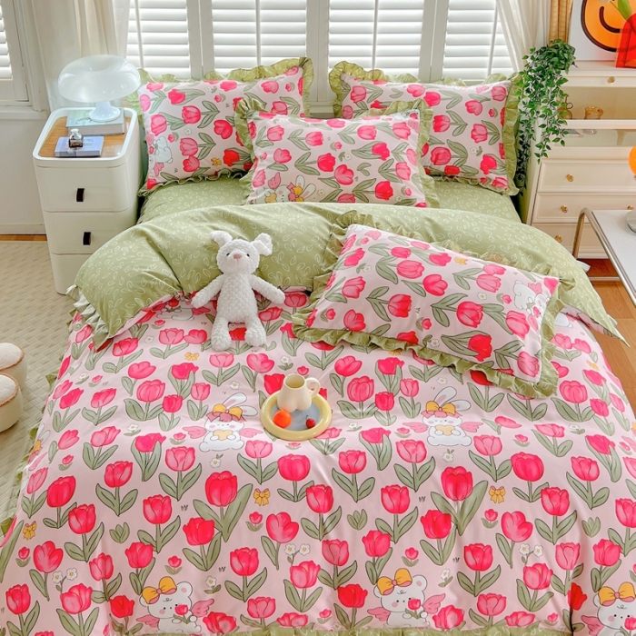 91家纺网 家纺一手货源 找家纺 上尚居 2024新款小清新韩版花边磨毛四件套水洗棉 花颜