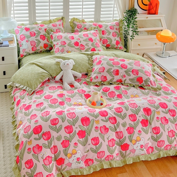 91家纺网 家纺一手货源 找家纺 上尚居 2024新款小清新韩版花边磨毛四件套水洗棉 花颜