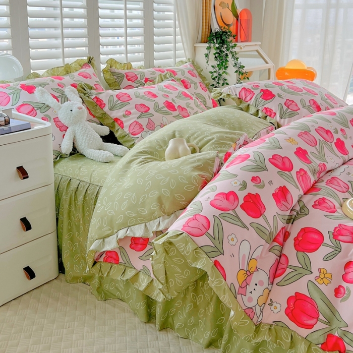 91家纺网 家纺一手货源 找家纺 上尚居 2024新款小清新韩版花边磨毛四件套水洗棉 花颜