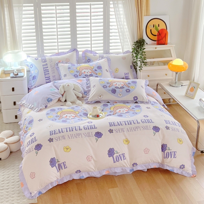 91家纺网 家纺一手货源 找家纺 上尚居 2024新款小清新韩版花边磨毛四件套水洗棉 少女时代