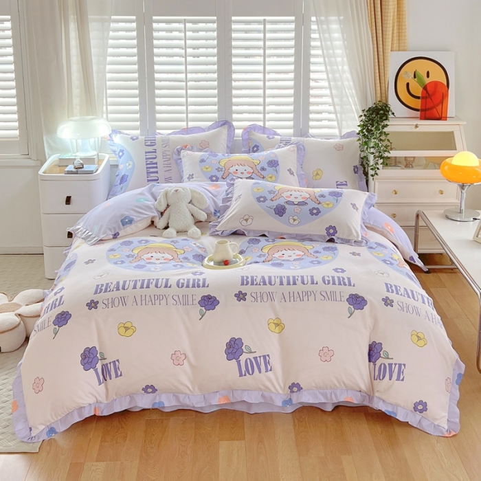 91家纺网 家纺一手货源 找家纺 上尚居 2024新款小清新韩版花边磨毛四件套水洗棉 少女时代