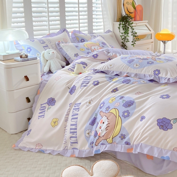 91家纺网 家纺一手货源 找家纺 上尚居 2024新款小清新韩版花边磨毛四件套水洗棉 少女时代