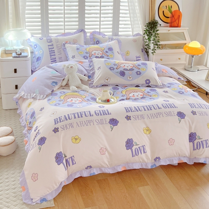 91家纺网 家纺一手货源 找家纺 上尚居 2024新款小清新韩版花边磨毛四件套水洗棉 少女时代