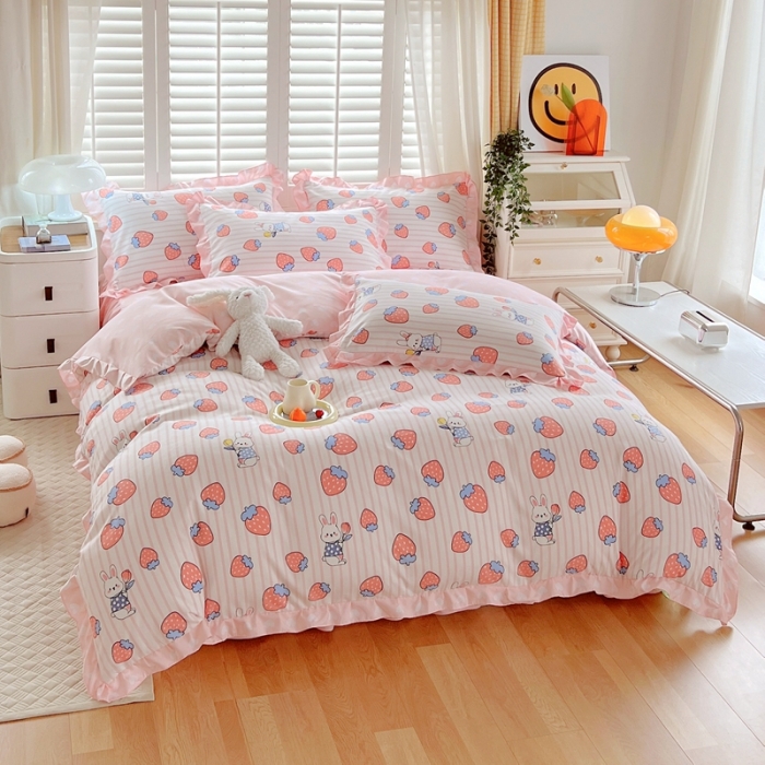 91家纺网 家纺一手货源 找家纺 上尚居 2024新款小清新韩版花边磨毛四件套水洗棉 甜心小兔