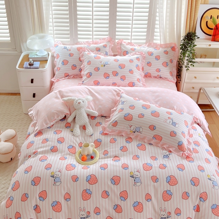 91家纺网 家纺一手货源 找家纺 上尚居 2024新款小清新韩版花边磨毛四件套水洗棉 甜心小兔