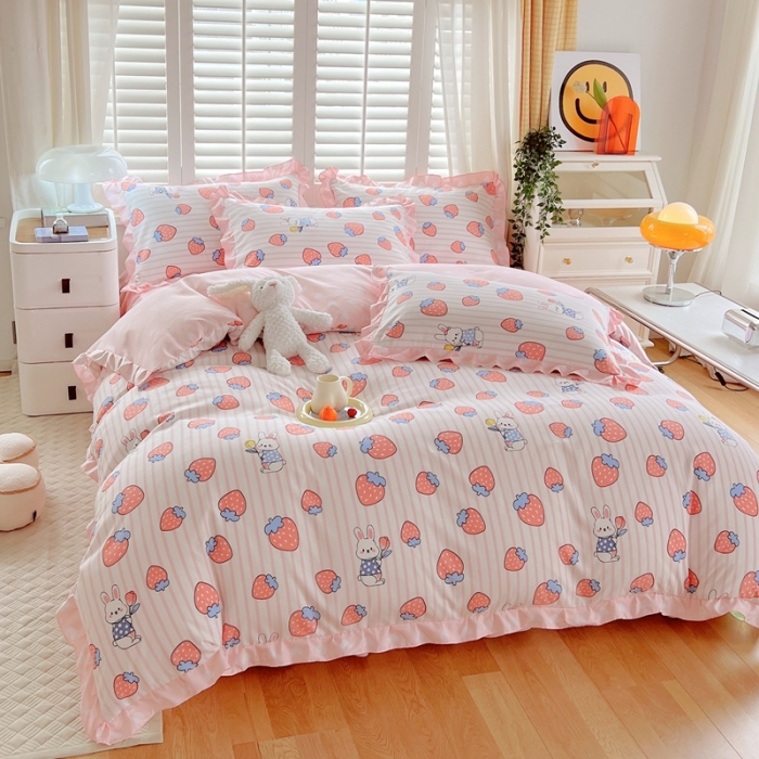 91家纺网 家纺一手货源 找家纺 上尚居 2024新款小清新韩版花边磨毛四件套水洗棉 甜心小兔