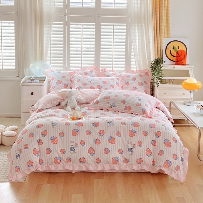 91家纺网 家纺一手货源 找家纺 上尚居 2024新款小清新韩版花边磨毛四件套水洗棉 甜心小兔