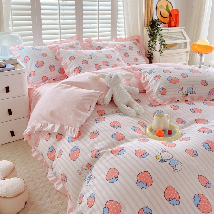 91家纺网 家纺一手货源 找家纺 上尚居 2024新款小清新韩版花边磨毛四件套水洗棉 甜心小兔