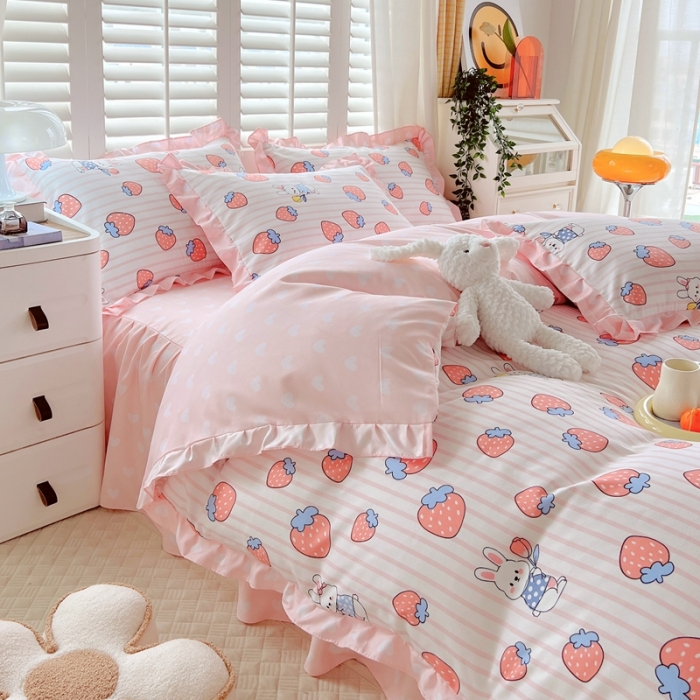 91家纺网 家纺一手货源 找家纺 上尚居 2024新款小清新韩版花边磨毛四件套水洗棉 甜心小兔