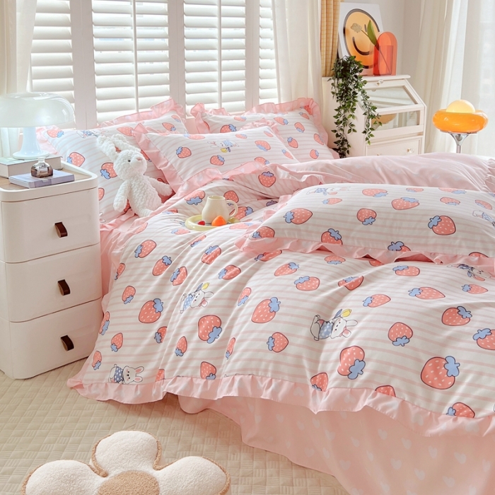 91家纺网 家纺一手货源 找家纺 上尚居 2024新款小清新韩版花边磨毛四件套水洗棉 甜心小兔