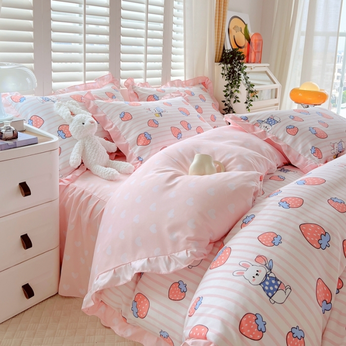 91家纺网 家纺一手货源 找家纺 上尚居 2024新款小清新韩版花边磨毛四件套水洗棉 甜心小兔