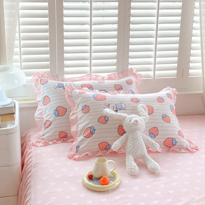 91家纺网 家纺一手货源 找家纺 上尚居 2024新款小清新韩版花边磨毛四件套水洗棉 甜心小兔