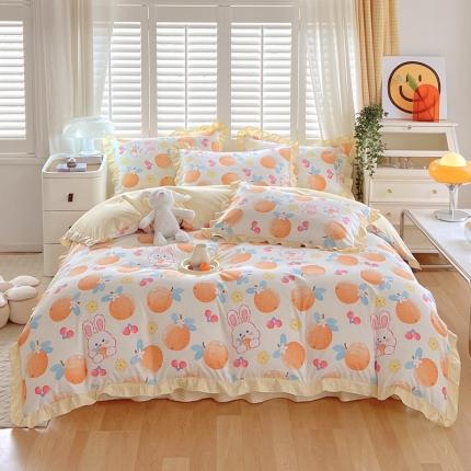 91家纺网 家纺一手货源 找家纺 上尚居 2024新款小清新韩版花边磨毛四件套水洗棉 甜橙兔