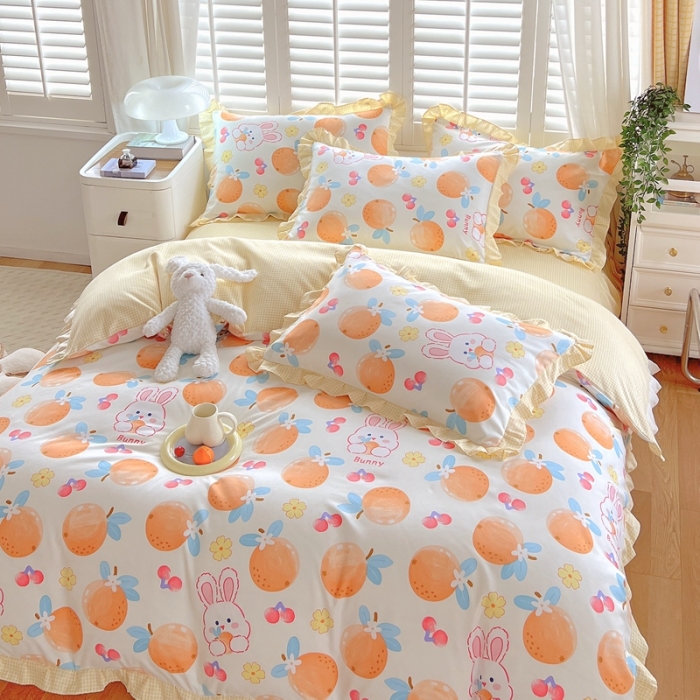 91家纺网 家纺一手货源 找家纺 上尚居 2024新款小清新韩版花边磨毛四件套水洗棉 甜橙兔